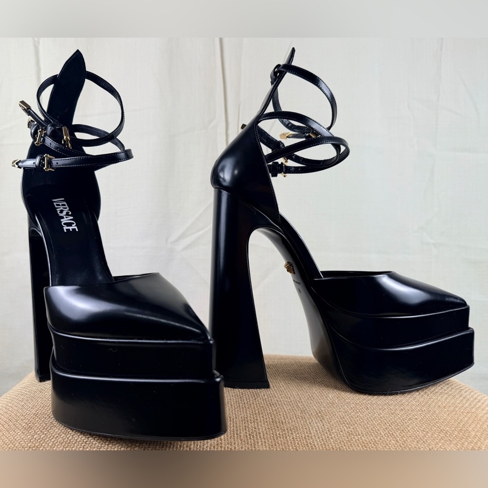 Versace Black Platform Strappy Heels